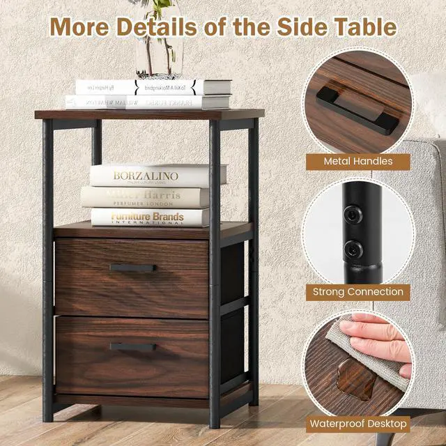 Alt view image 7 of 7 - SlickBlue 3-Tier Retro Nightstand with 2 Removable Fabric Drawers and Open Shelf-Walnut