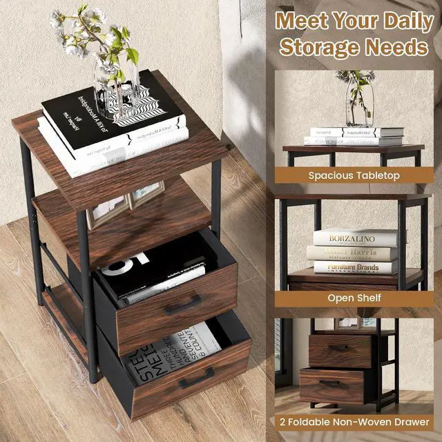Alt view image 6 of 7 - SlickBlue 3-Tier Retro Nightstand with 2 Removable Fabric Drawers and Open Shelf-Walnut