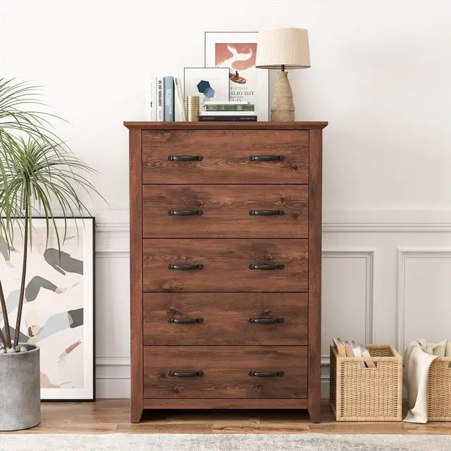 Alt view image 2 of 7 - SlickBlue Tall Storage Dresser with 5 Pull-out Drawers for Bedroom Living Room-Walnut