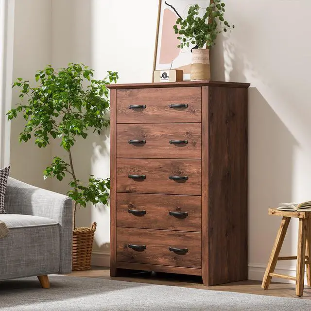 Alt view image 3 of 7 - SlickBlue Tall Storage Dresser with 5 Pull-out Drawers for Bedroom Living Room-Walnut