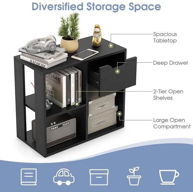 Alt view image 7 of 7 - 3-Cube Bookcase 2-tier Wooden Storage Shelf with Pull-out Drawer