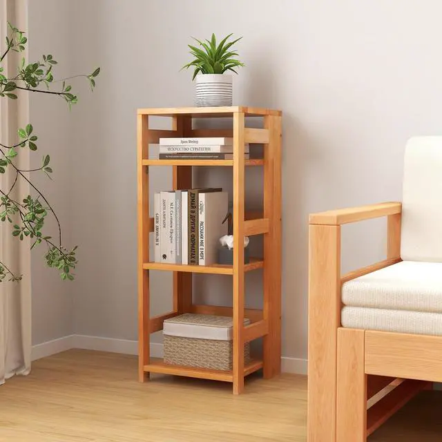 Alt view image 2 of 7 - SlickBlue 4-Tier Bookshelf Rubber Wood Bookcase with Side Fences for Living Room-14 inches