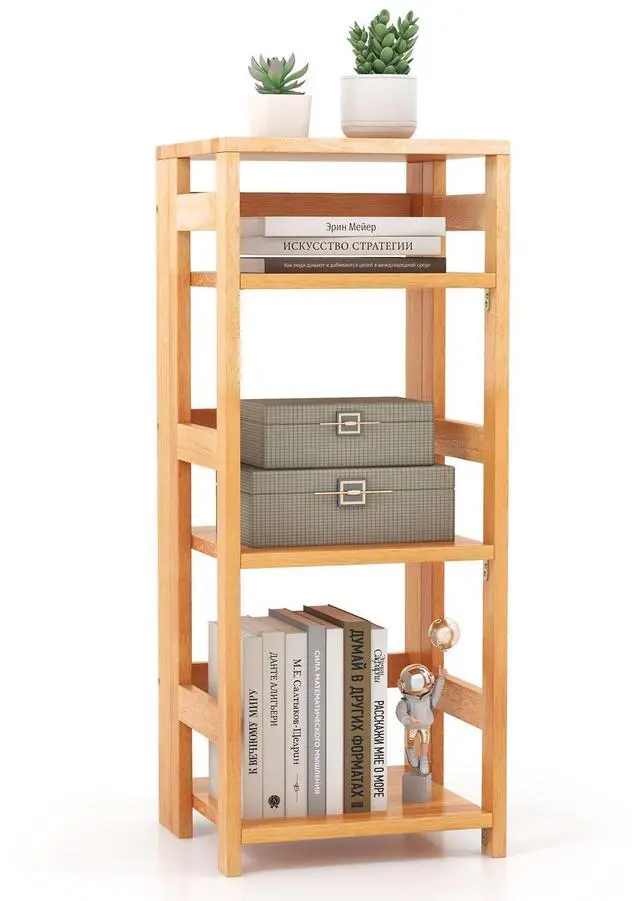 Alt view image 4 of 7 - SlickBlue 4-Tier Bookshelf Rubber Wood Bookcase with Side Fences for Living Room-14 inches
