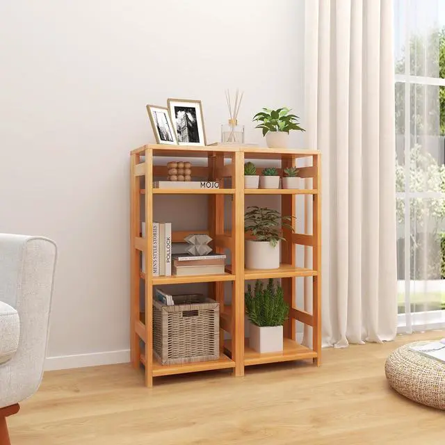 Alt view image 3 of 7 - SlickBlue 4-Tier Bookshelf Rubber Wood Bookcase with Side Fences for Living Room-14 inches