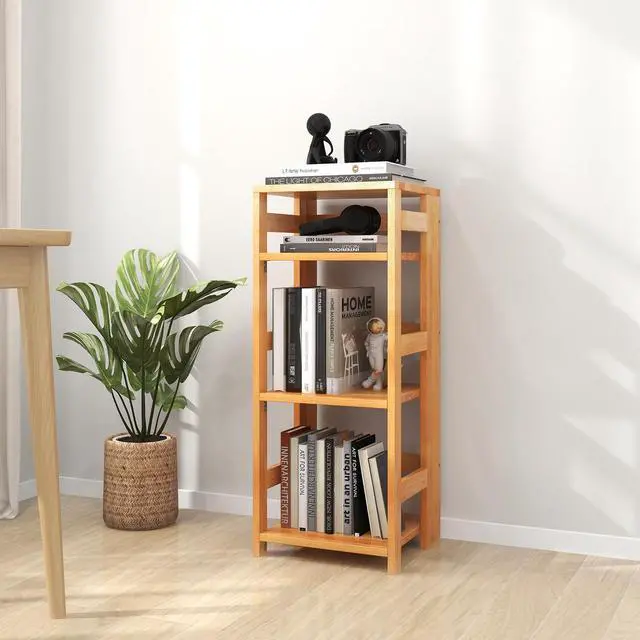 Alt view image 6 of 7 - SlickBlue 4-Tier Bookshelf Rubber Wood Bookcase with Side Fences for Living Room-14 inches