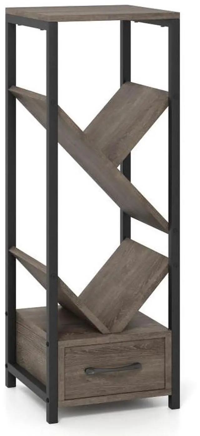 Main image of SlickBlue 4 Tier Floor Tree Bookshelf with Drawer and Metal Frame-Gray