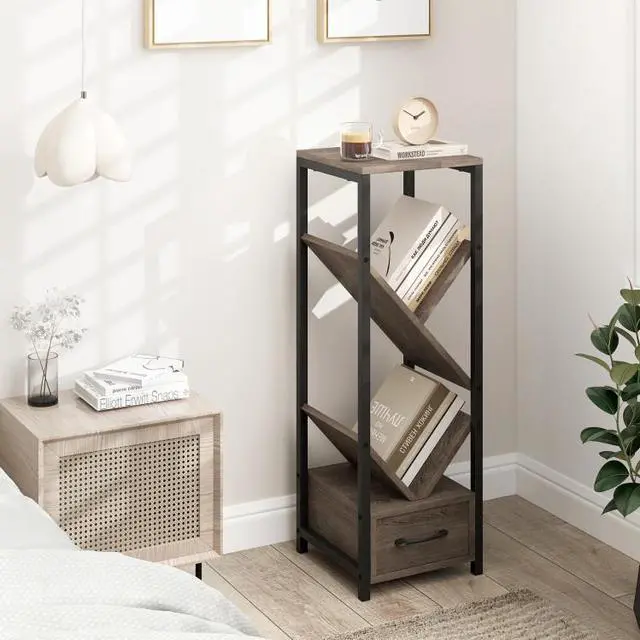 Alt view image 3 of 7 - SlickBlue 4 Tier Floor Tree Bookshelf with Drawer and Metal Frame-Gray