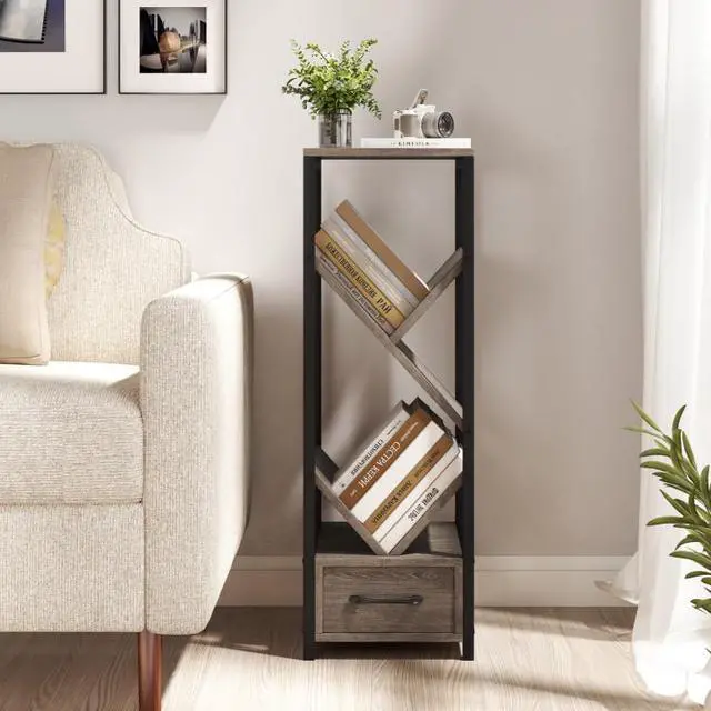 Alt view image 2 of 7 - SlickBlue 4 Tier Floor Tree Bookshelf with Drawer and Metal Frame-Gray