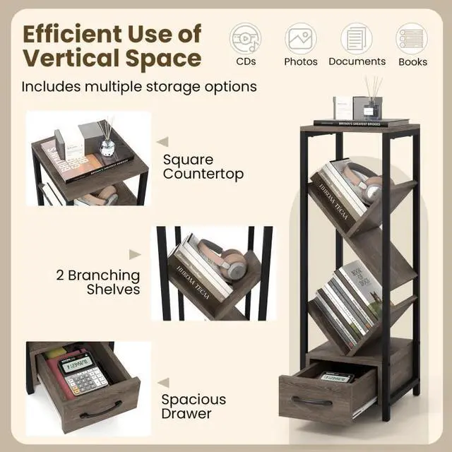 Alt view image 5 of 7 - SlickBlue 4 Tier Floor Tree Bookshelf with Drawer and Metal Frame-Gray