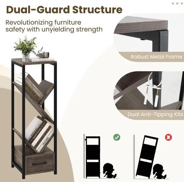 Alt view image 6 of 7 - SlickBlue 4 Tier Floor Tree Bookshelf with Drawer and Metal Frame-Gray