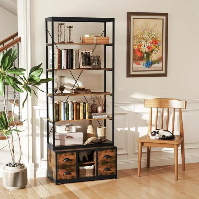 Alt view image 2 of 7 - SlickBlue 8-tier Bookshelf with 4 Fabric Drawers  and Heavy-duty Metal Frame-Coffee