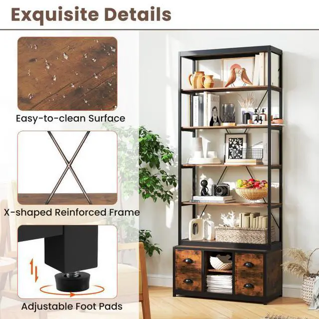 Alt view image 7 of 7 - SlickBlue 8-tier Bookshelf with 4 Fabric Drawers  and Heavy-duty Metal Frame-Coffee