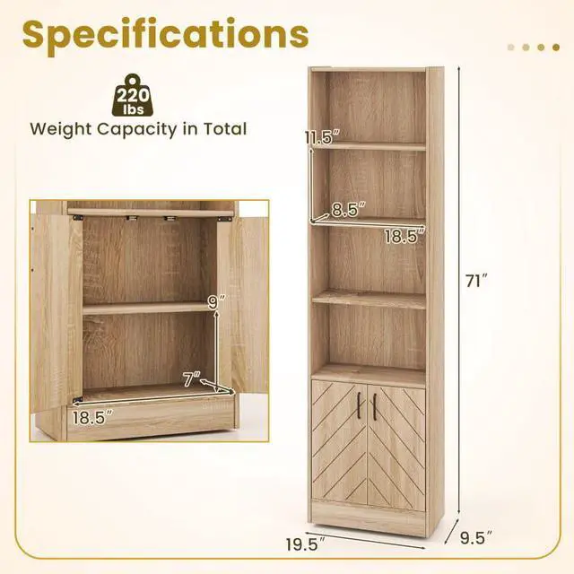 Alt view image 3 of 7 - SlickBlue 71 Inch 6-Tier Tall Bookshelf with Double Doors 4 Open Cubes-Oak