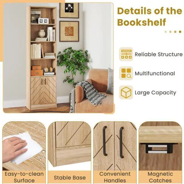 Alt view image 4 of 7 - SlickBlue 71 Inch 6-Tier Tall Bookshelf with Double Doors 4 Open Cubes-Oak