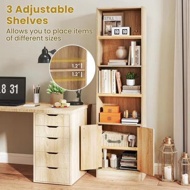 Alt view image 6 of 7 - SlickBlue 71 Inch 6-Tier Tall Bookshelf with Double Doors 4 Open Cubes-Oak