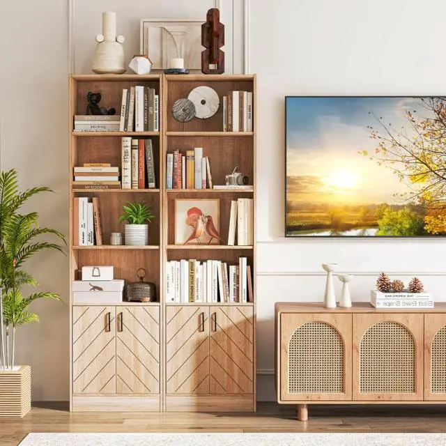 Alt view image 7 of 7 - SlickBlue 71 Inch 6-Tier Tall Bookshelf with Double Doors 4 Open Cubes-Oak