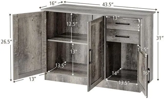 Alt view image 5 of 7 - SlickBlue Buffet Storage Cabinet Kitchen Sideboard with 2 Drawers-Gray