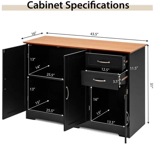 Alt view image 4 of 7 - SlickBlue Buffet Storage Cabinet Kitchen Sideboard with 2 Drawers-Black