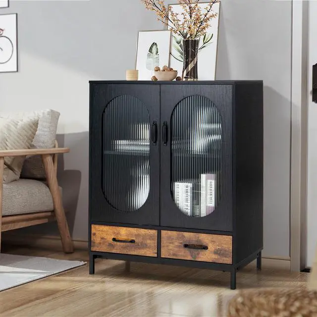 Alt view image 2 of 7 - SlickBlue Kitchen Industrial Buffet Sideboard with Tempered Glass Doors-Black