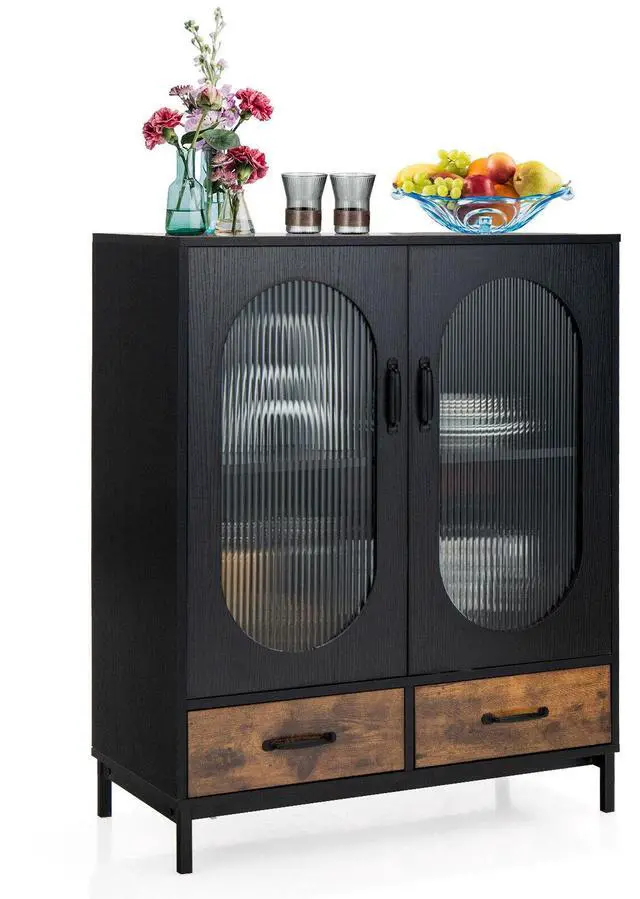 Alt view image 4 of 7 - SlickBlue Kitchen Industrial Buffet Sideboard with Tempered Glass Doors-Black