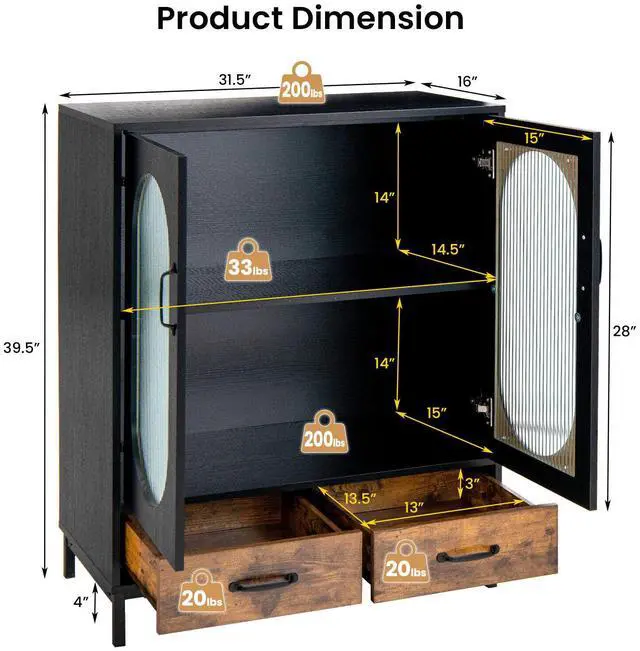Alt view image 5 of 7 - SlickBlue Kitchen Industrial Buffet Sideboard with Tempered Glass Doors-Black