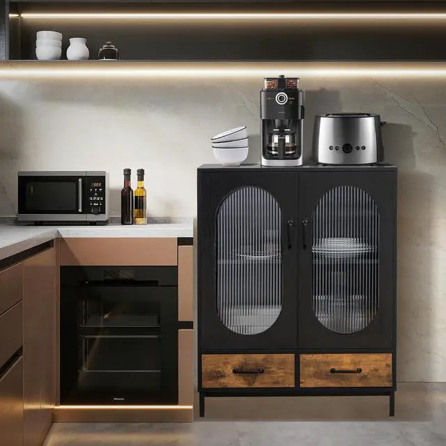 Alt view image 6 of 7 - SlickBlue Kitchen Industrial Buffet Sideboard with Tempered Glass Doors-Black