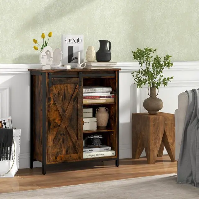 Alt view image 2 of 7 - SlickBlue 32 Inch Farmhouse Sideboard Buffet Cabinet with Sliding Barn Door and Adjustable Shelves-Rustic Brown