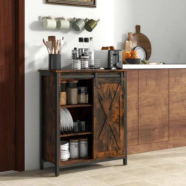 Alt view image 3 of 7 - SlickBlue 32 Inch Farmhouse Sideboard Buffet Cabinet with Sliding Barn Door and Adjustable Shelves-Rustic Brown