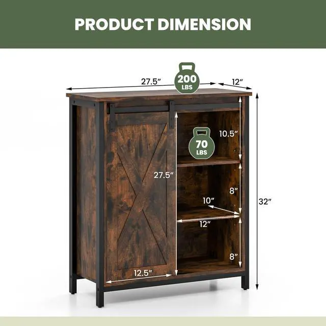 Alt view image 5 of 7 - SlickBlue 32 Inch Farmhouse Sideboard Buffet Cabinet with Sliding Barn Door and Adjustable Shelves-Rustic Brown