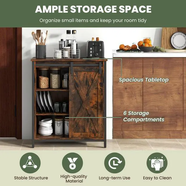 Alt view image 7 of 7 - SlickBlue 32 Inch Farmhouse Sideboard Buffet Cabinet with Sliding Barn Door and Adjustable Shelves-Rustic Brown