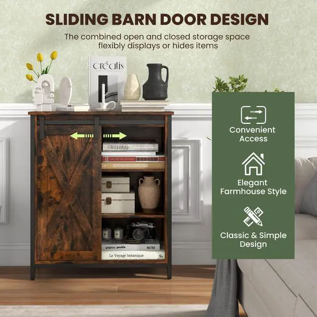 Alt view image 6 of 7 - SlickBlue 32 Inch Farmhouse Sideboard Buffet Cabinet with Sliding Barn Door and Adjustable Shelves-Rustic Brown