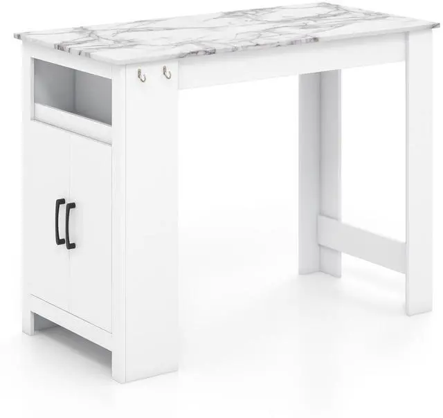Alt view image 4 of 7 - SlickBlue Bar Table Faux Marble Pub Table with 7 Hanging Hooks Compartment-White