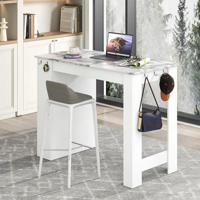 Alt view image 6 of 7 - SlickBlue Bar Table Faux Marble Pub Table with 7 Hanging Hooks Compartment-White