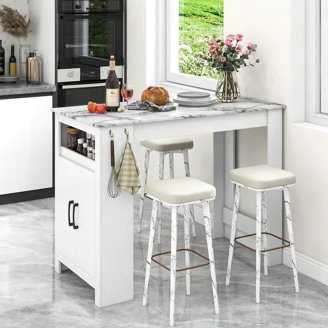 Alt view image 2 of 7 - SlickBlue Bar Table Faux Marble Pub Table with 7 Hanging Hooks Compartment-White