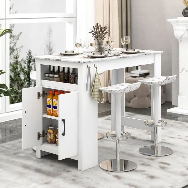 Alt view image 3 of 7 - SlickBlue Bar Table Faux Marble Pub Table with 7 Hanging Hooks Compartment-White