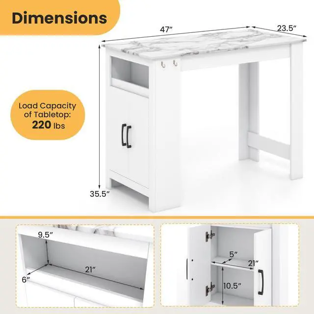Alt view image 5 of 7 - SlickBlue Bar Table Faux Marble Pub Table with 7 Hanging Hooks Compartment-White