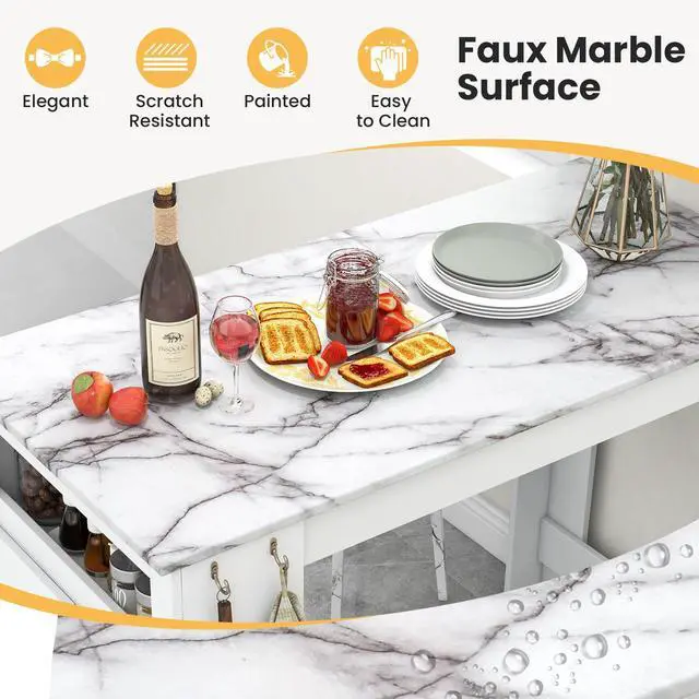 Alt view image 7 of 7 - SlickBlue Bar Table Faux Marble Pub Table with 7 Hanging Hooks Compartment-White