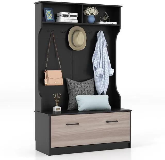 Alt view image 4 of 7 - SlickBlue 3 in 1 Coat Rack with Entryway Bench and Hooks and Enclosed Cabinet-Black