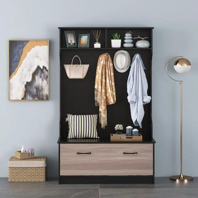 Alt view image 3 of 7 - SlickBlue 3 in 1 Coat Rack with Entryway Bench and Hooks and Enclosed Cabinet-Black