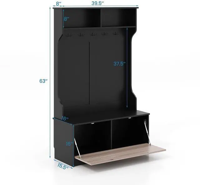 Alt view image 5 of 7 - SlickBlue 3 in 1 Coat Rack with Entryway Bench and Hooks and Enclosed Cabinet-Black