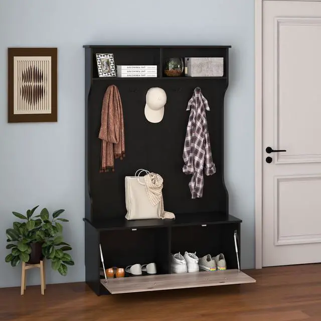 Alt view image 2 of 7 - SlickBlue 3 in 1 Coat Rack with Entryway Bench and Hooks and Enclosed Cabinet-Black