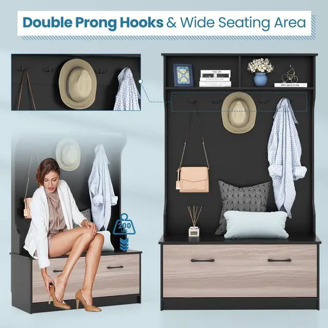 Alt view image 6 of 7 - SlickBlue 3 in 1 Coat Rack with Entryway Bench and Hooks and Enclosed Cabinet-Black
