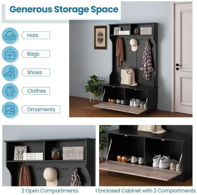Alt view image 7 of 7 - SlickBlue 3 in 1 Coat Rack with Entryway Bench and Hooks and Enclosed Cabinet-Black