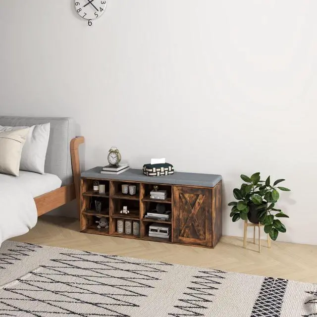 Alt view image 2 of 7 - SlickBlue 9-cube Adjustable Storage Shoe Bench with Padded Cushion-Rustic Brown