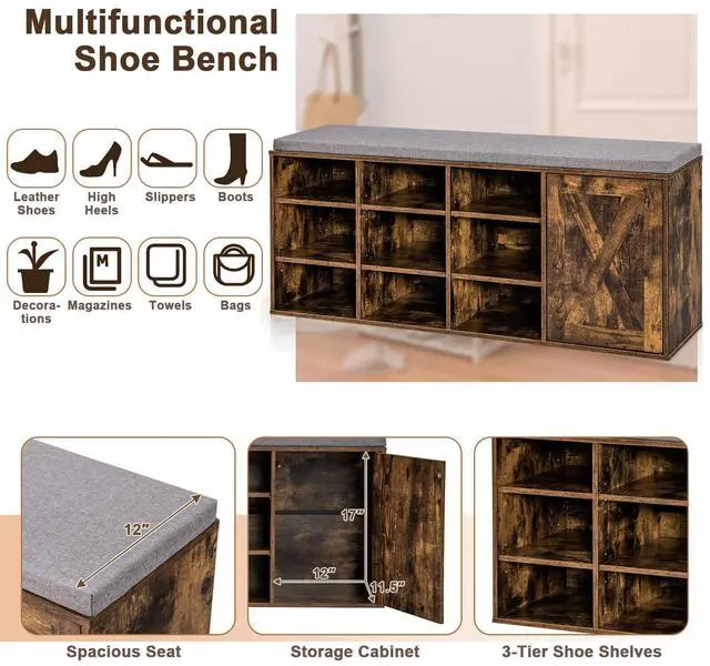 Alt view image 6 of 7 - SlickBlue 9-cube Adjustable Storage Shoe Bench with Padded Cushion-Rustic Brown