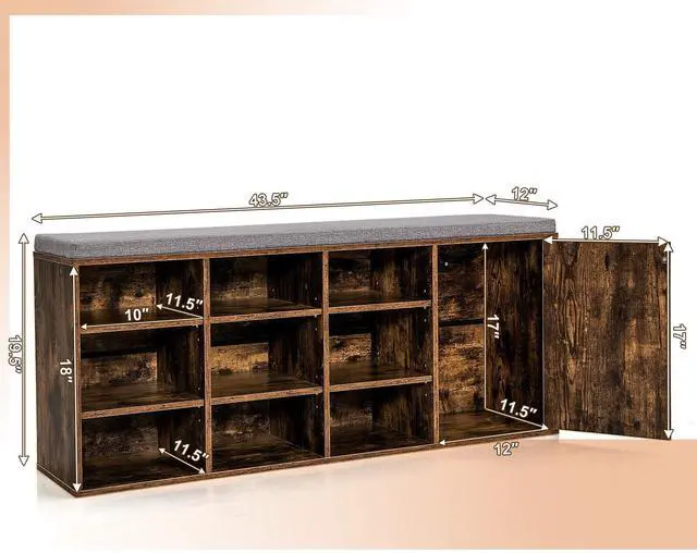 Alt view image 5 of 7 - SlickBlue 9-cube Adjustable Storage Shoe Bench with Padded Cushion-Rustic Brown