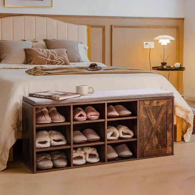 Alt view image 7 of 7 - SlickBlue 9-cube Adjustable Storage Shoe Bench with Padded Cushion-Rustic Brown