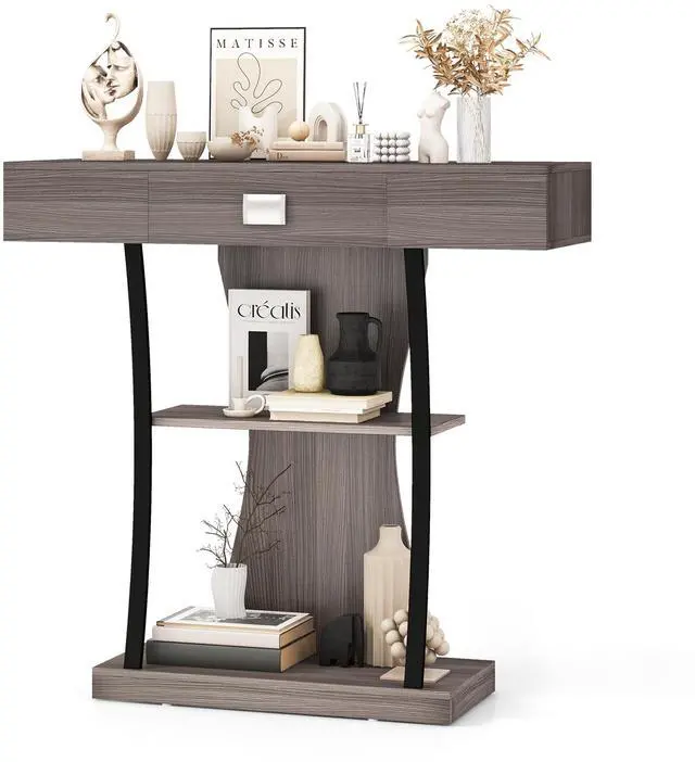 Alt view image 4 of 7 - SlickBlue Console Table with Drawer and 2-Tier Shelves for Entryway Living Room-Gray
