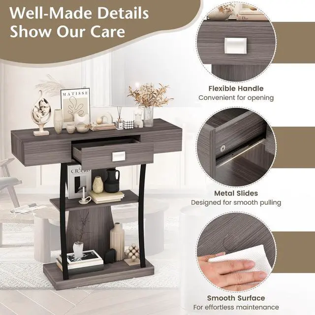 Alt view image 7 of 7 - SlickBlue Console Table with Drawer and 2-Tier Shelves for Entryway Living Room-Gray