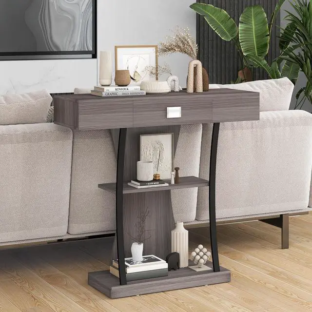 Alt view image 3 of 7 - SlickBlue Console Table with Drawer and 2-Tier Shelves for Entryway Living Room-Gray